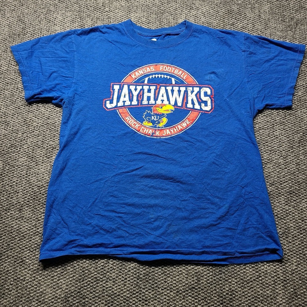 Kansas T-shirt Mens Size L Blue Rock Chalk Jayhawk Graphic Short Sleeve NCAA Tee